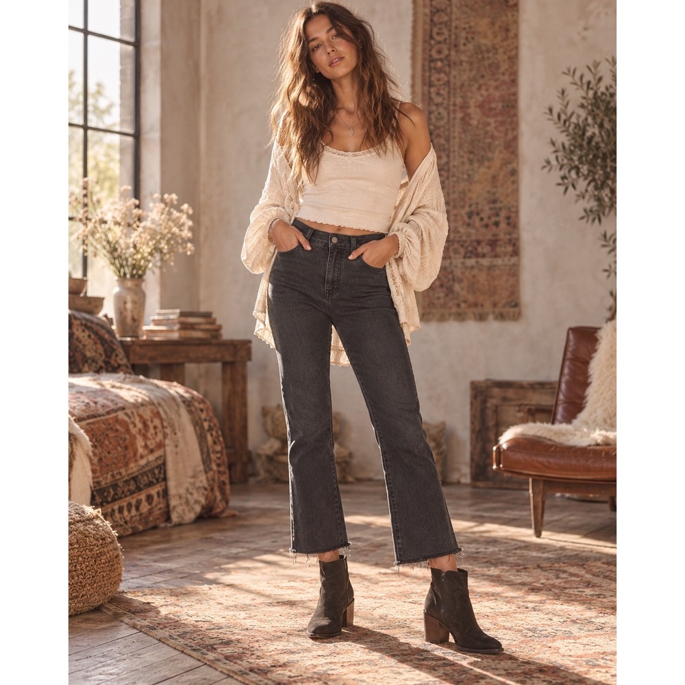 Madewell Cali Demi-Boot High Rise Jeans Lunar Wash Black Raw Hem 25P